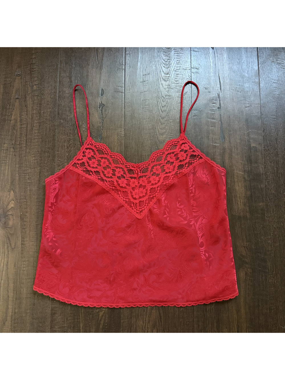 Vintage 90s Deena Red Satin Jacquard Camisole 34 S Lace Cami Lingerie Romantic